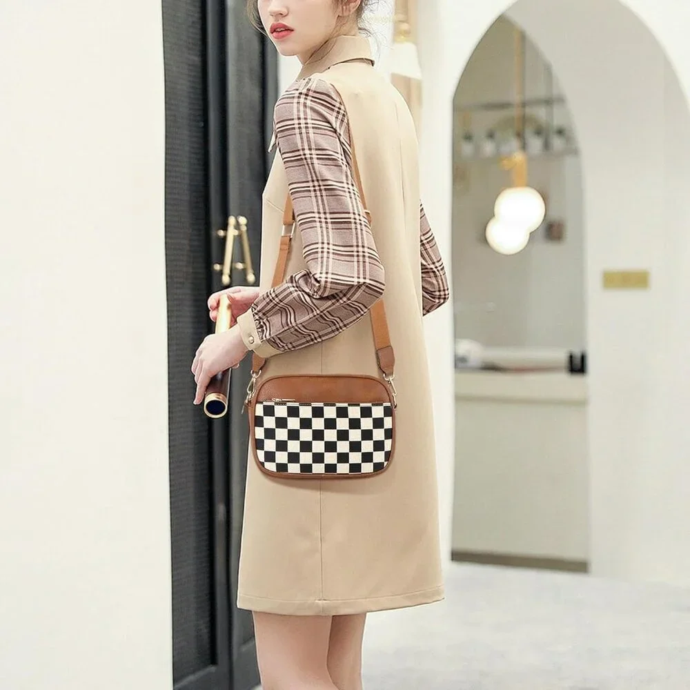 Vegan Leather Crossbody Bag Women Embroidered Strap Multiple Pockets